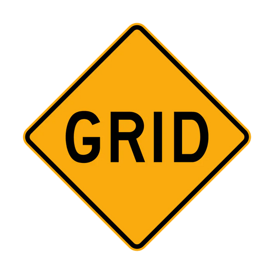 The W5-16 - Grid sign is a yellow diamond-shaped road sign with the word "GRID" in bold black capital letters centered on it.
