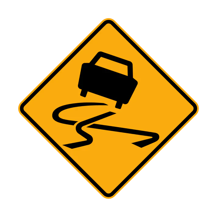 The W5-20 - Slippery (Symbolic) is a yellow diamond-shaped road sign featuring a black car with curvy skid marks, warning drivers of slippery road conditions.