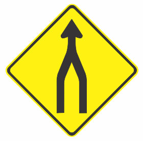 The W5-235-1n road sign is a yellow diamond with two black lines merging into one, symbolically indicating that lanes merge ahead.