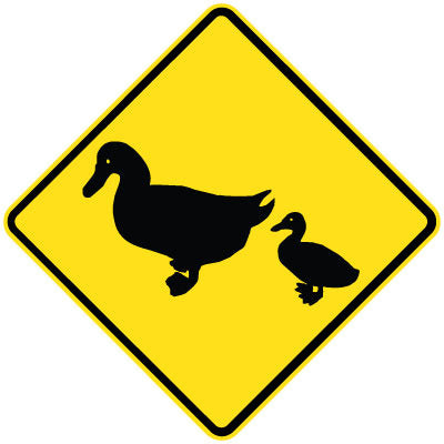 The W5-237n - Ducks (Symbolic) sign is a yellow diamond with black silhouettes of an adult duck and duckling, indicating a duck crossing area.