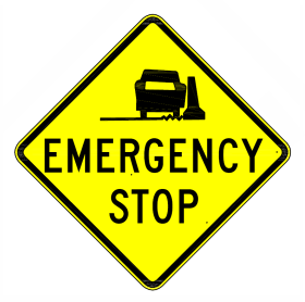 The W5-245n - Emergency Stop (Symbol) sign is yellow and diamond-shaped with a black border, featuring a car and cone symbol above the bold black words "EMERGENCY STOP.