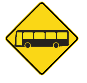 The W5-251n - Bus (Symbolic) is a yellow diamond-shaped road sign featuring a black bus silhouette, used to indicate a bus crossing or bus route area ahead.
