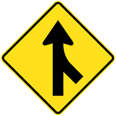 The W5-34(R) Merging Traffic (Right Symbolic) sign is a yellow diamond-shaped road sign with a black arrow, indicating traffic will merge from the right into the main lane.