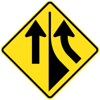 The W5-35(R) - Added Lane (Right Symbolic) is a yellow diamond-shaped road sign with two black arrows: the left arrow goes straight, and the right curves left to merge, indicating an added lane merging from the right ahead.