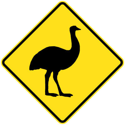 The W5-45 - Emu (Symbolic) sign is a yellow diamond-shaped road sign featuring a black emu silhouette, indicating an emu crossing area.