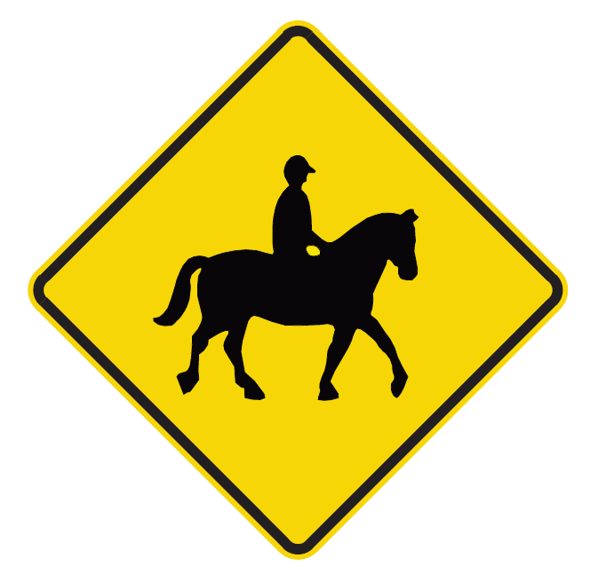 The W5-53 Horse & Rider (Symbolic) sign is a yellow diamond-shaped road sign featuring a black silhouette of a person riding a horse, indicating an equestrian area or horse crossing ahead.