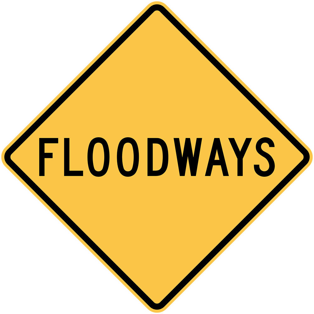 A W5-7-2 - Floodways sign: a yellow diamond-shaped road sign with "FLOODWAYS" in black capital letters.