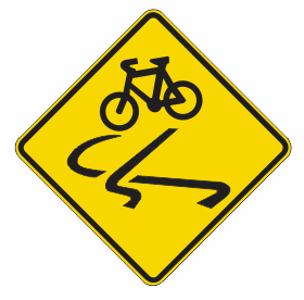 The W6-11 - Slippery For Bicycles (Symbolic) sign is a yellow diamond with a black bicycle above wavy lines, warning cyclists of slippery or hazardous pavement.