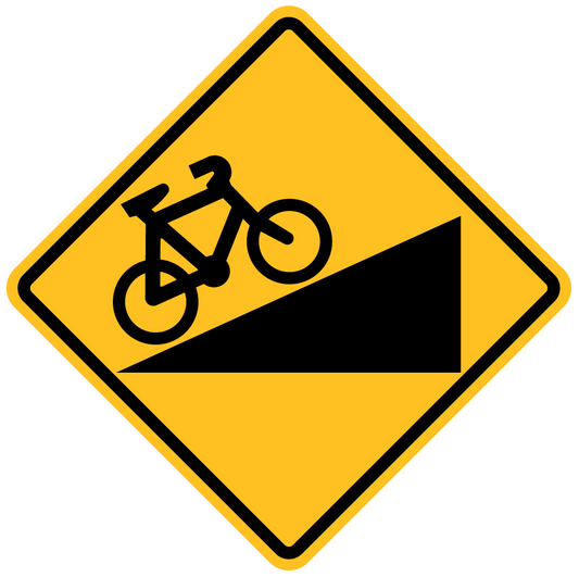The W6-13 - Hill Climb Bicycles (Symbolic) sign is a yellow diamond with a black border, featuring a bicycle climbing a steep hill to warn cyclists of an upcoming incline.