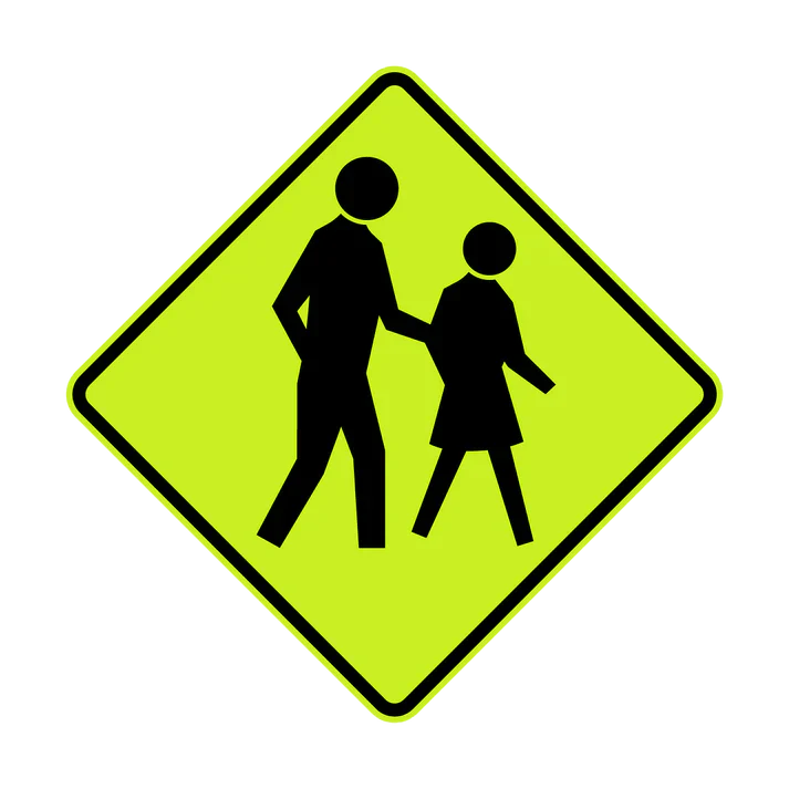 The W6-1 - Pedestrian (symbolic) sign is a yellow diamond with black silhouettes of an adult and child walking, used to indicate a pedestrian or school crossing area.