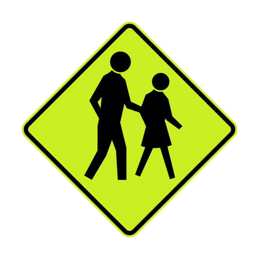 The W6-1 - Pedestrian (symbolic) sign is a yellow diamond with black silhouettes of an adult and child walking, used to indicate a pedestrian or school crossing area.