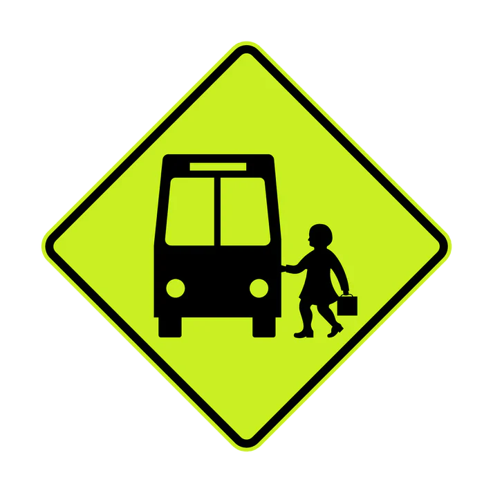 The W6-204n - School Bus (Symbolic Front View) is a yellow diamond-shaped sign featuring a black child silhouette with bag approaching a bus, indicating a school bus crossing or stop area.