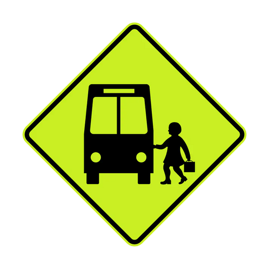 The W6-204n - School Bus (Symbolic Front View) is a yellow diamond-shaped sign featuring a black child silhouette with bag approaching a bus, indicating a school bus crossing or stop area.