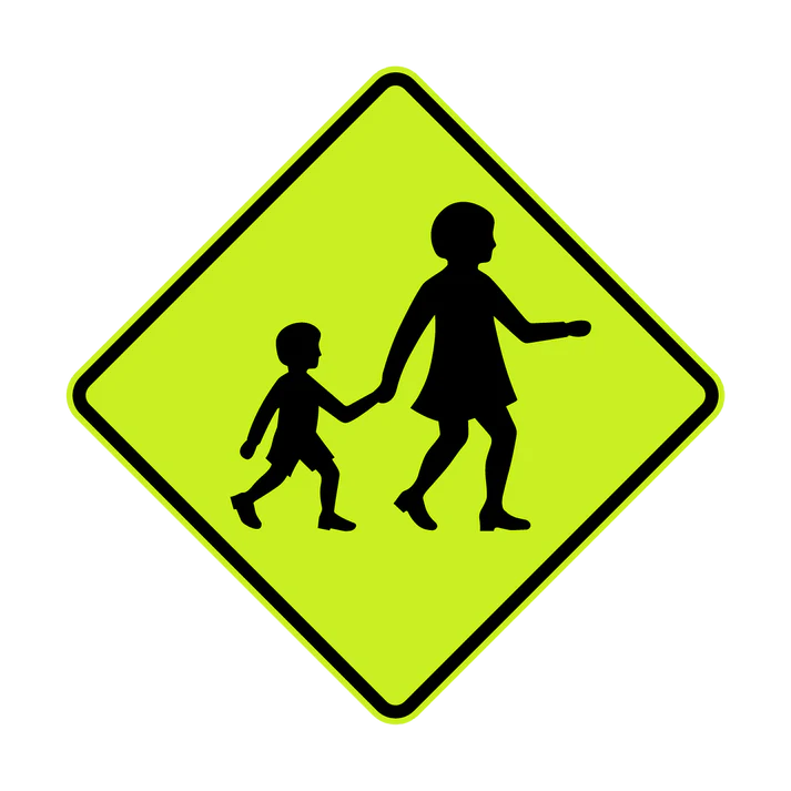 The W6-3 - Children Crossing (symbolic) sign is a yellow diamond-shaped traffic sign featuring a black silhouette of an adult holding hands with a child, indicating a children crossing area.