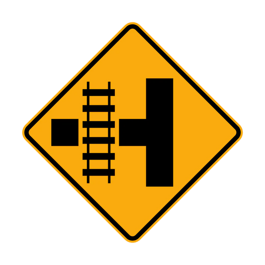 The W7-12(L) sign is a yellow diamond featuring a black diagram of a side road intersecting with railway tracks, warning drivers of a railway crossing ahead on the left side road.