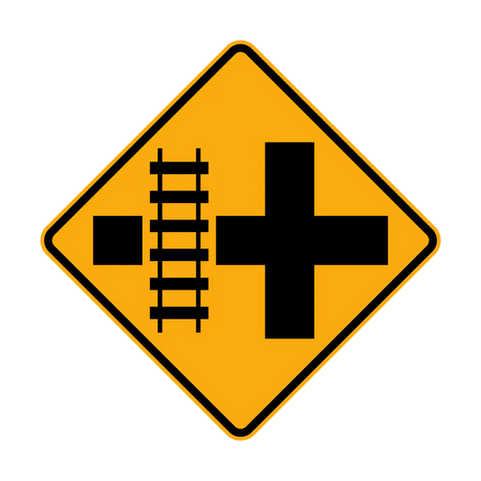 The W7-13(L) sign is a yellow diamond with a black cross and vertical rail lines on the left, warning drivers of a railway crossing ahead at an intersection via a diagrammatic illustration.