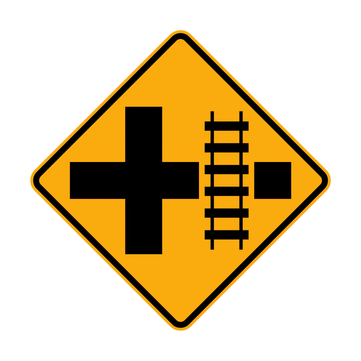 W7-13(R) - Railway Crossing Ahead Diagrammatic - Crossing On Cross Road (R illustrated)