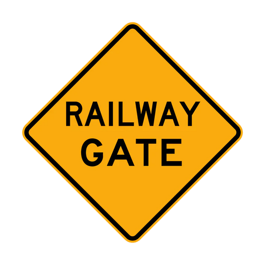 The W7-15 - Railway Gate is a yellow diamond-shaped traffic sign with a black border and the words "RAILWAY GATE" in bold black capital letters.