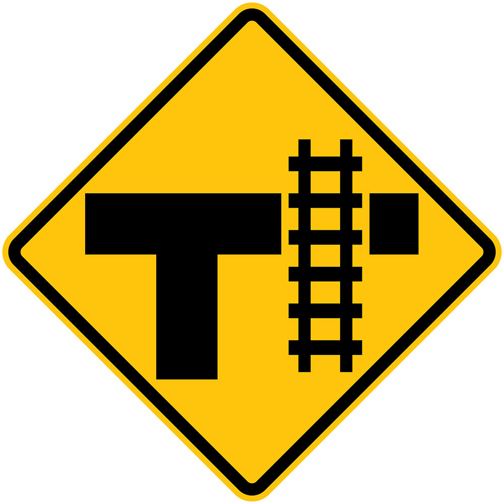 The W7-17(R) sign is a yellow, diamond-shaped road sign with a black T-intersection and railroad tracks crossing the top bar, indicating a rail crossing ahead at a T-intersection (R illustrated).