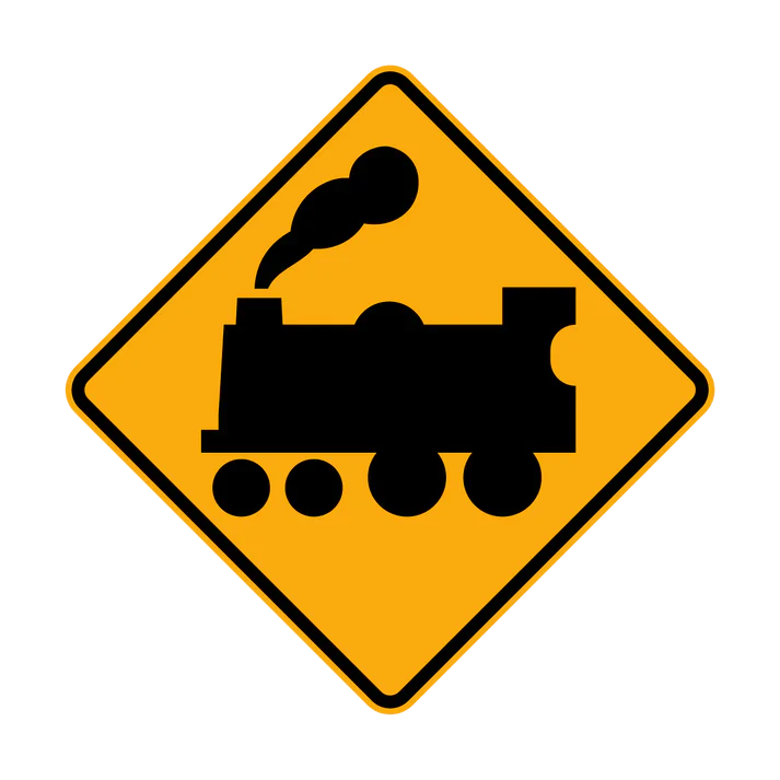 The W7-7(L) sign is a yellow diamond with a black locomotive silhouette, warning drivers of a railway crossing ahead with passive control.