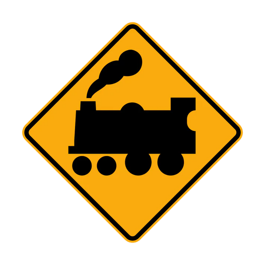 The W7-7(L) sign is a yellow diamond with a black locomotive silhouette, warning drivers of a railway crossing ahead with passive control.