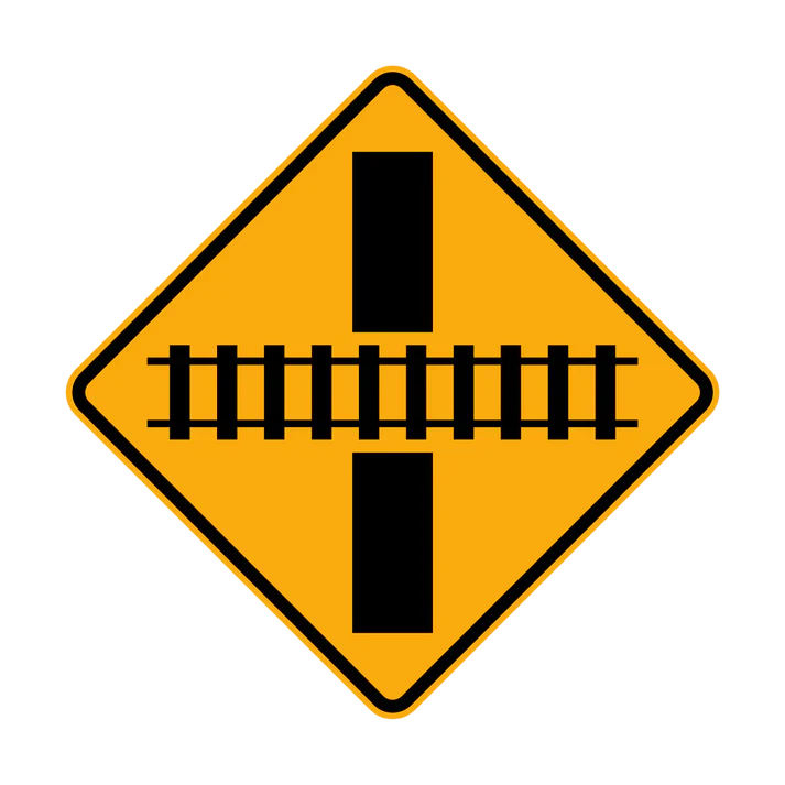 The W7-8 Railway Crossing Ahead diagrammatic sign features a yellow diamond shape with a black symbol showing a right-angled rail crossing, warning drivers of an upcoming railroad intersection.