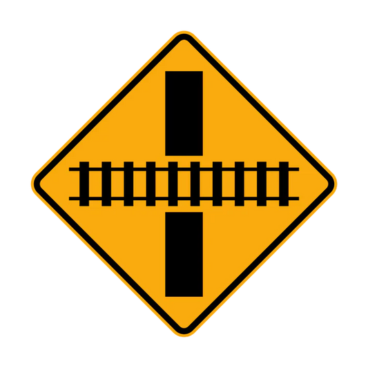 The W7-8 Railway Crossing Ahead diagrammatic sign features a yellow diamond shape with a black symbol showing a right-angled rail crossing, warning drivers of an upcoming railroad intersection.