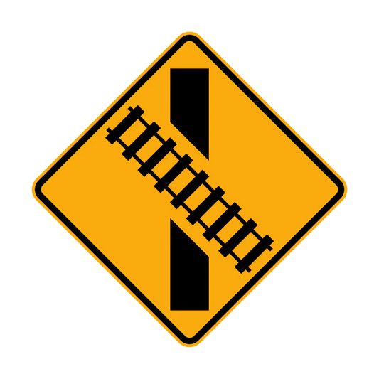 The W7-9(R) sign is a yellow diamond with a black diagram showing an oblique railway crossing ahead, indicating a Railway Crossing Ahead (Right illustrated).