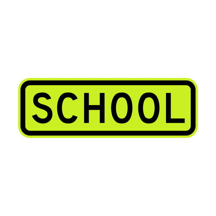The W8-14 - School sign is a rectangular, fluorescent yellow-green road sign with "SCHOOL" in bold black capitals centered within a black border, shown on a plain white background.