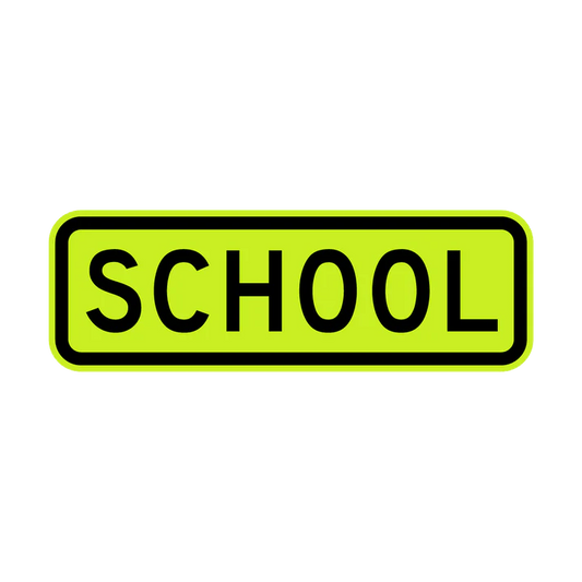 The W8-14 - School sign is a rectangular, fluorescent yellow-green road sign with "SCHOOL" in bold black capitals centered within a black border, shown on a plain white background.