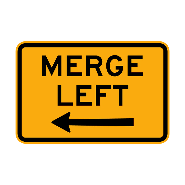 The W8-15-1n - Merge Left sign is a yellow road sign with a black border showing "MERGE LEFT" above a left-pointing arrow.