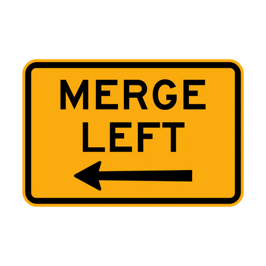 The W8-15-1n - Merge Left sign is a yellow road sign with a black border showing "MERGE LEFT" above a left-pointing arrow.