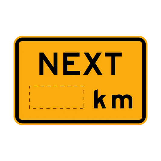 The W8-17-1 - Next (xx)km is a rectangular yellow road sign featuring "NEXT" at the top, an empty dashed box for customization, and "km" on the right side to indicate a variable distance.