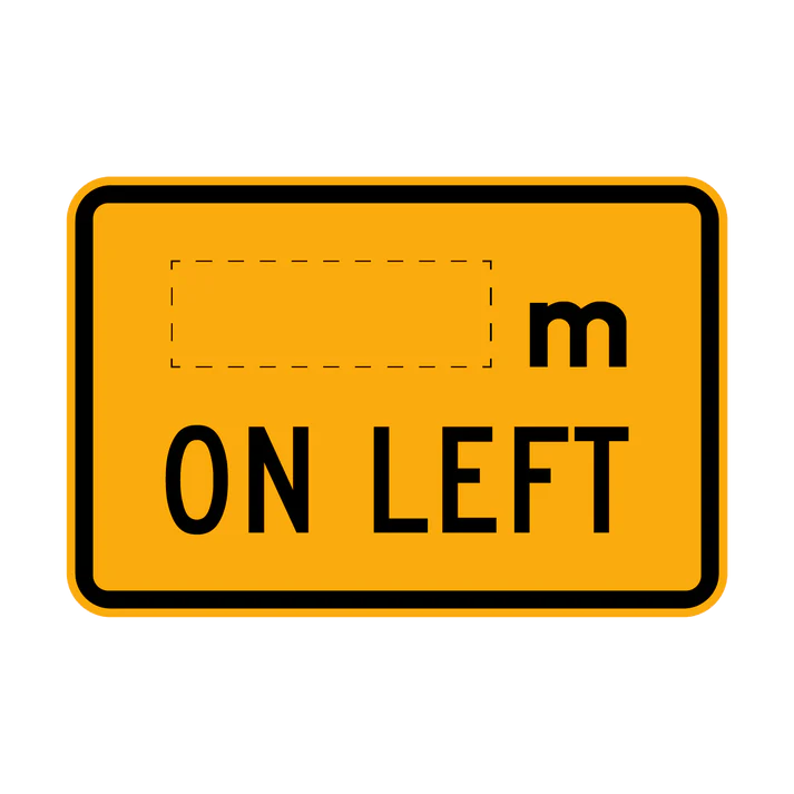 The W8-207n(L) sign is a rectangular yellow road sign featuring a blank box, the letter "m," and "ON LEFT" in black capital letters.