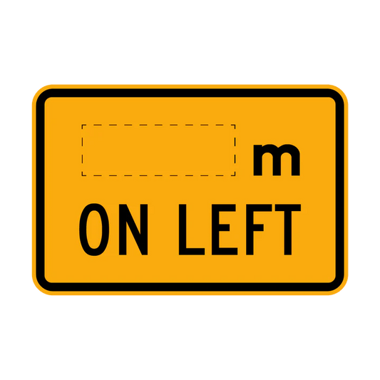 The W8-207n(L) sign is a rectangular yellow road sign featuring a blank box, the letter "m," and "ON LEFT" in black capital letters.