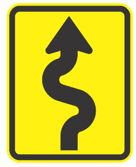 The W8-235n(R) - Winding Road (Right Symbolic) Supplementary Plate features a yellow road sign with a bold black squiggly arrow pointing upward, indicating a winding road ahead.
