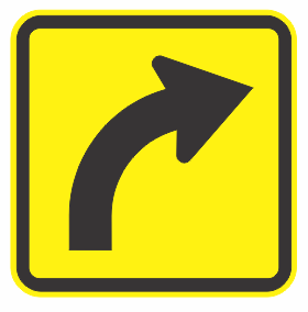 The W8-236n(R) Right Turn (Symbolic) Supplementary Plate features a black right-turn arrow on a yellow square with a black border, signaling a right curve ahead.