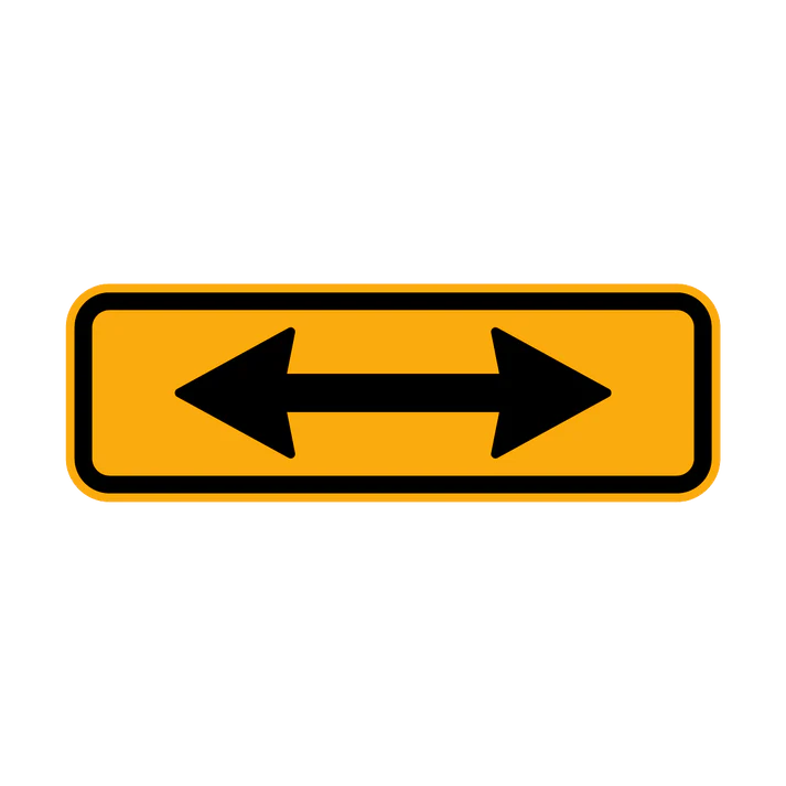 The W8-23 Crossing Arrows sign is a rectangular yellow road sign with a black border and a double-headed black arrow pointing left and right, indicating two possible directions.