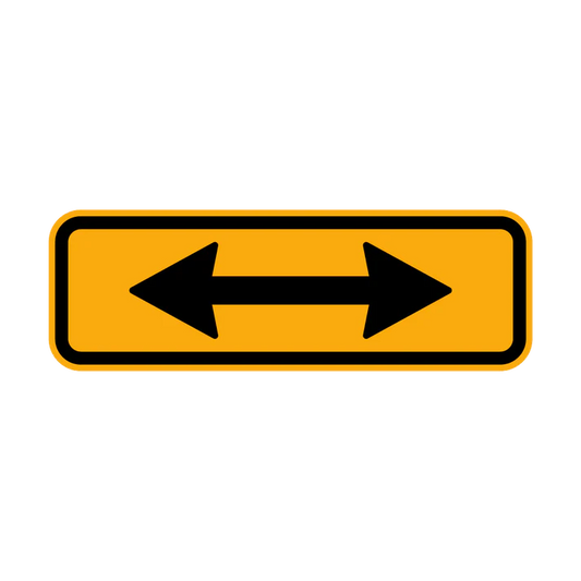 The W8-23 Crossing Arrows sign is a rectangular yellow road sign with a black border and a double-headed black arrow pointing left and right, indicating two possible directions.