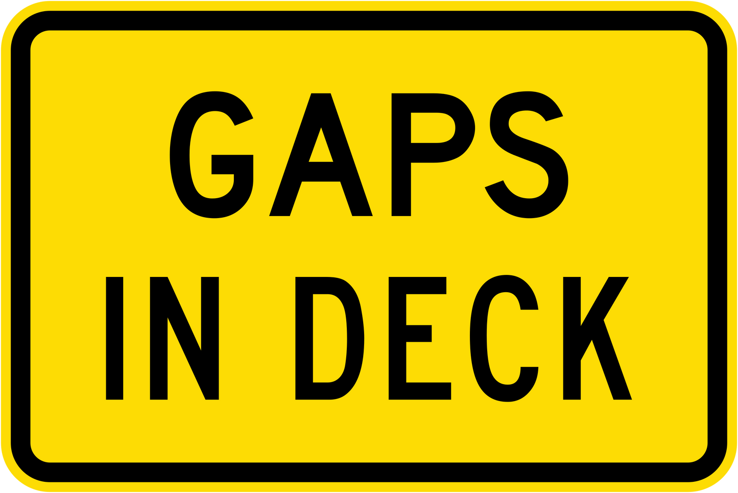 The W8-249n – Gaps In Deck sign is a yellow road sign with a black border and the words "GAPS IN DECK" in bold, black, uppercase letters.