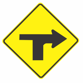 The W8-2(R) sign is a yellow diamond-shaped road sign displaying a black symbolic right T intersection, indicating that the priority road ends and a side road joins from the right.
