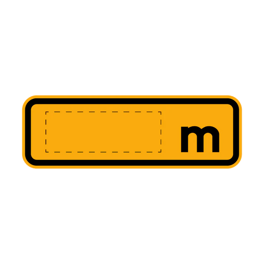 The W8-5 - Distance Plate (x) m is a rectangular yellow sign with a black border, a dashed rectangle on the left, and a bold lowercase black "m" on the right against a light gray background.