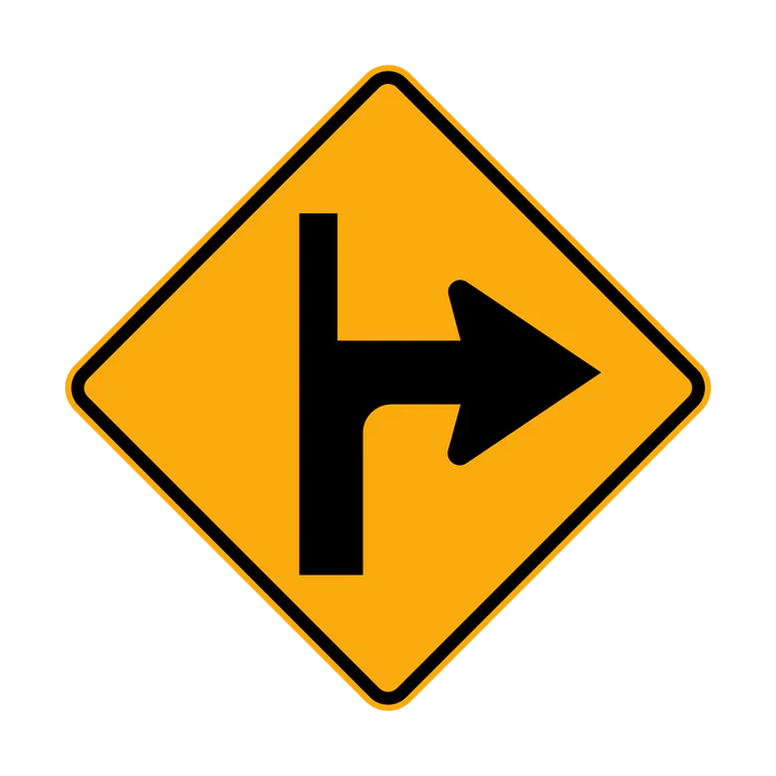 The W9-1(R) - Modified T Intersection sign is a yellow diamond with a black T-shaped intersection and right arrow, indicating priority road enters a side road on the right.