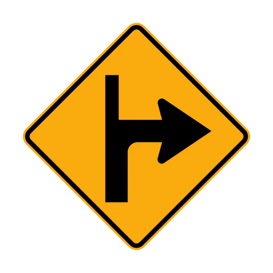The W9-1(R) - Modified T Intersection sign is a yellow diamond with a black T-shaped intersection and right arrow, indicating priority road enters a side road on the right.