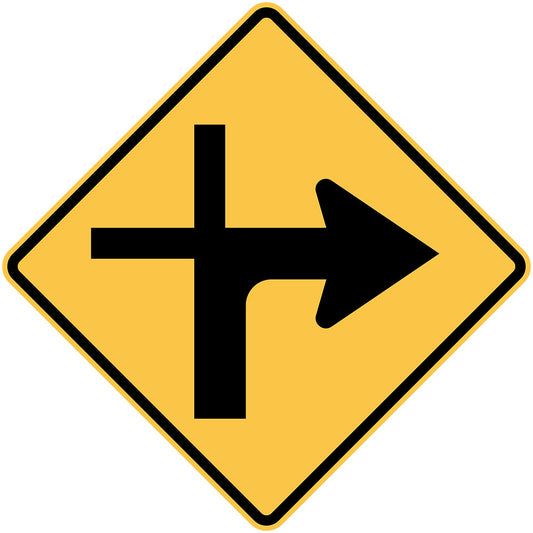 The W9-3(R) traffic sign is a yellow diamond with a black symbolic right T-intersection, indicating that the priority road continues and drivers must turn right at the intersection ahead.