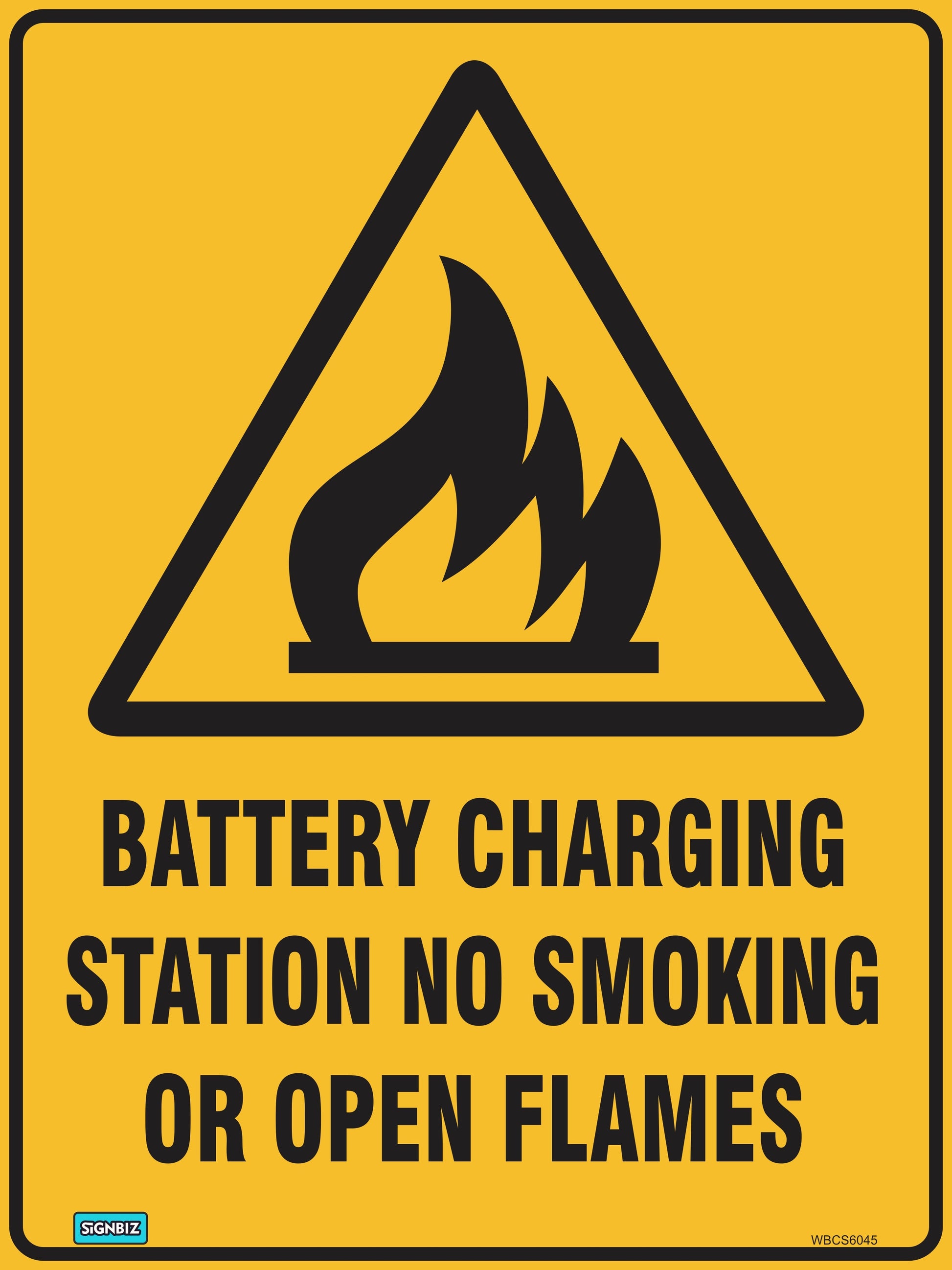 The Warning Batt Charging Station sign is yellow with a black flame symbol and "Battery Charging Station No Smoking Or Open Flames" text, designed to AS/NZ 1319-1994 warning sign standards.
