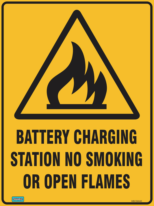 The Warning Batt Charging Station sign is yellow with a black flame symbol and "Battery Charging Station No Smoking Or Open Flames" text, designed to AS/NZ 1319-1994 warning sign standards.