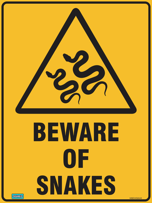 The "Warning Beware Of Snakes" sign is a yellow safety sign with a black triangle featuring a snake image, and bold black text below reading "BEWARE OF SNAKES.