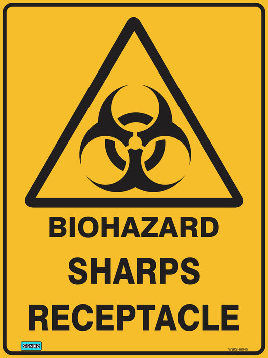 A yellow safety sign labeled "Warning Biohaz Sharps Recept." features a black biohazard symbol above bold capital letters, providing a clear hazard warning for sharps disposal.
