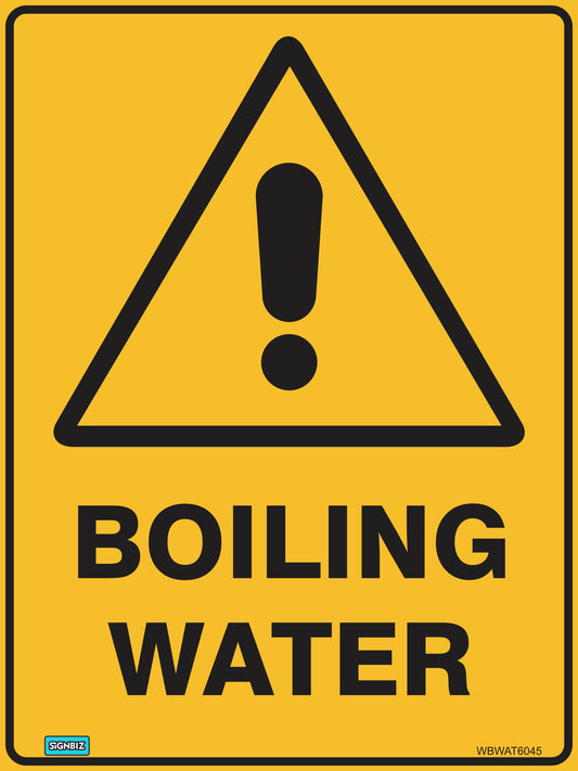 Warning Boiling Water" sign: Yellow triangle with black exclamation mark above bold, black text, clearly marking a boiling water hazard.